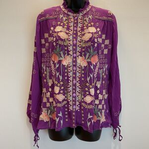 Johnny Was Brielle Blouse XXS Purple Iris Floral Embroidered Boho Top NWT $285